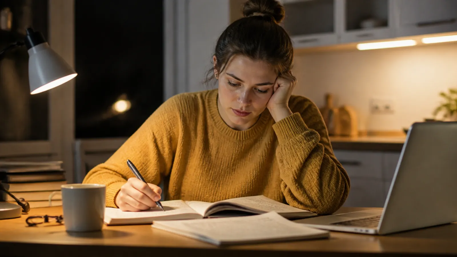 Persona estudiando por la noche después de su jornada laboral