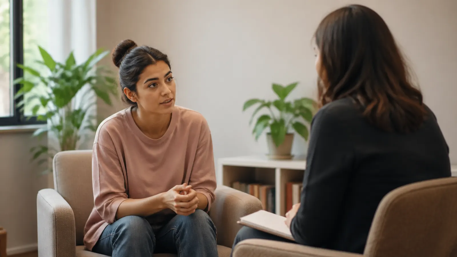 Estudiante conversando con una orientadora en un espacio tranquilo del campus