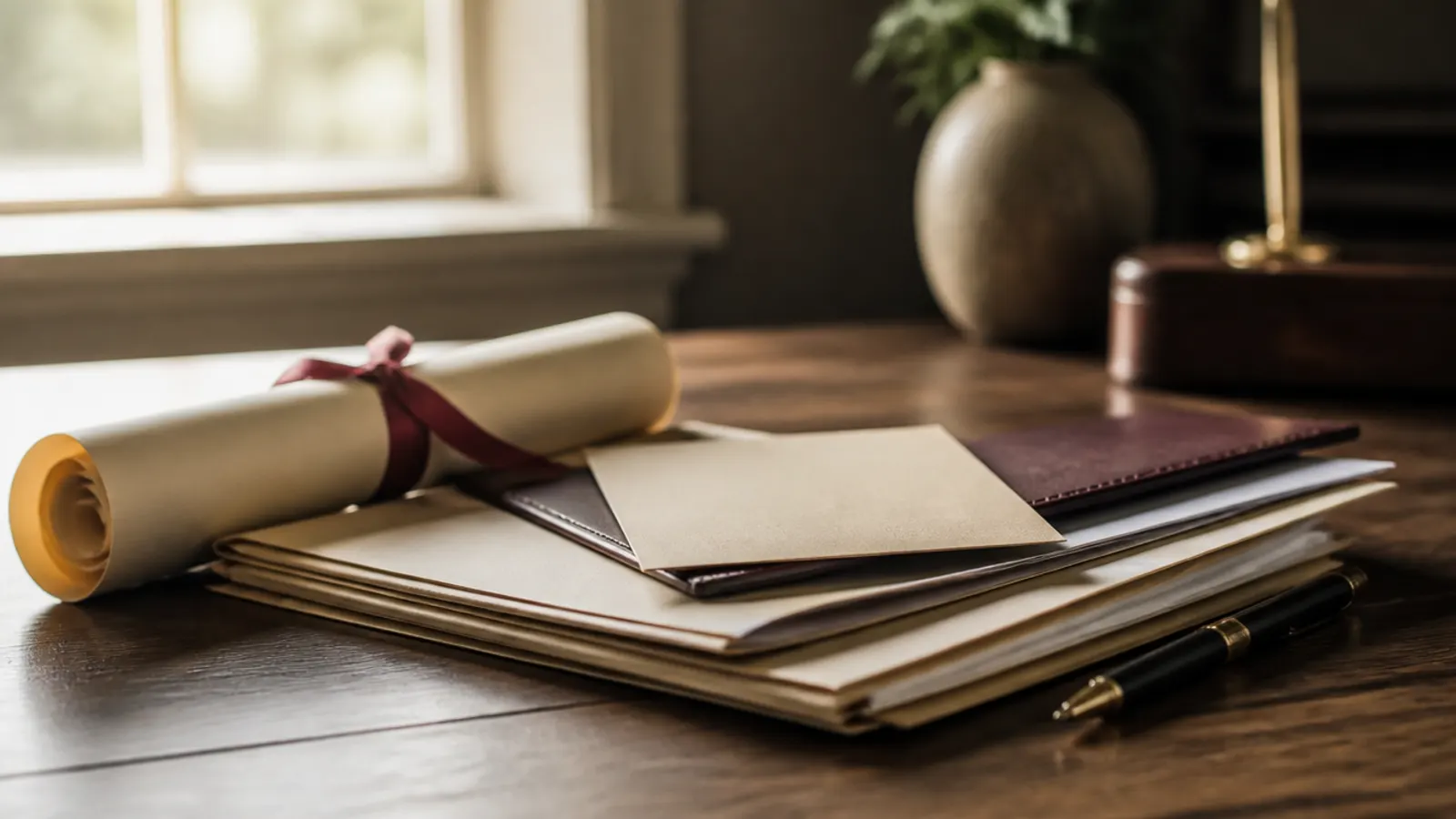 Título profesional y cédula sobre un escritorio junto a documentos de trámite