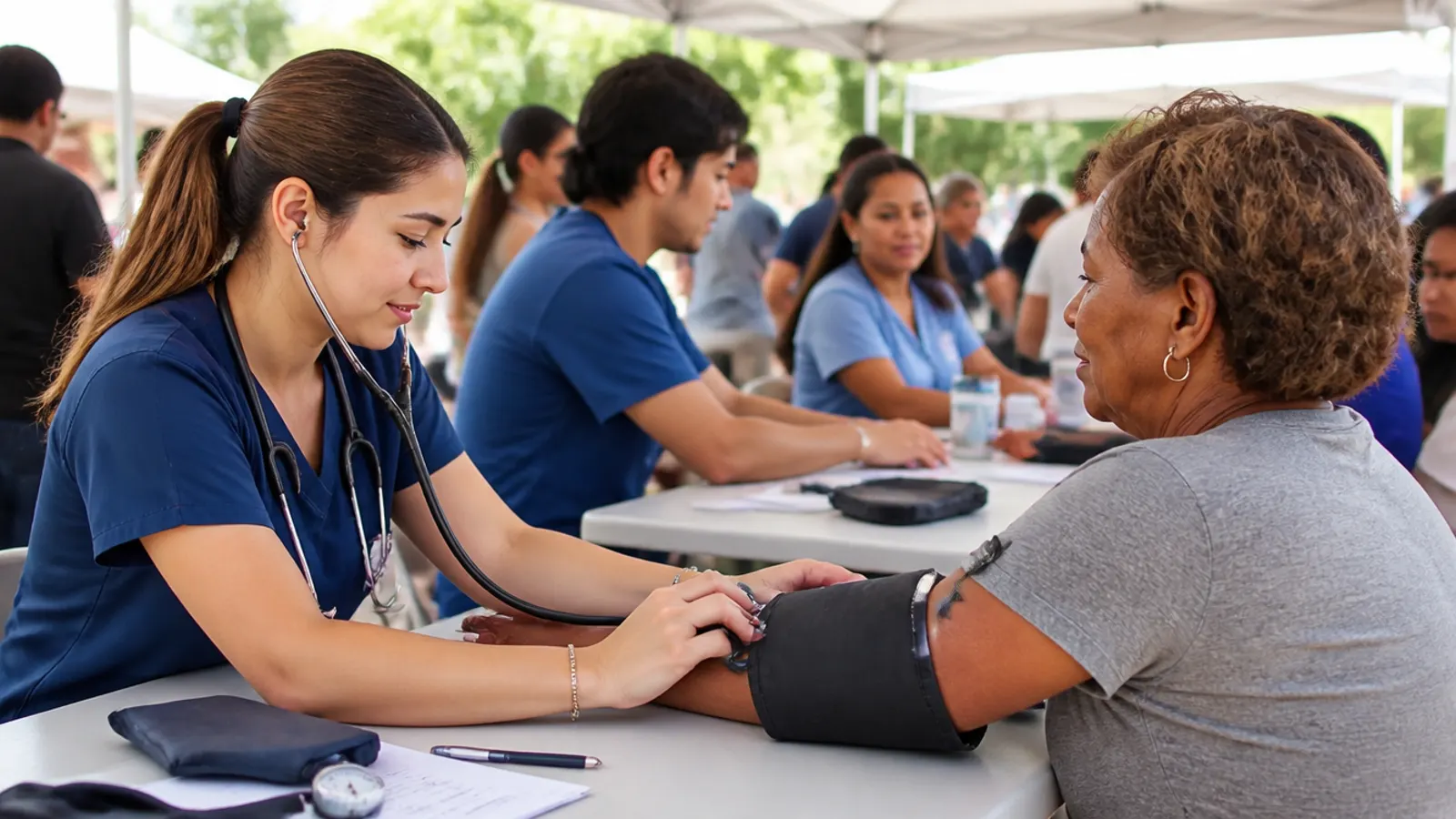 Estudiantes de salud atendiendo a personas en una jornada comunitaria