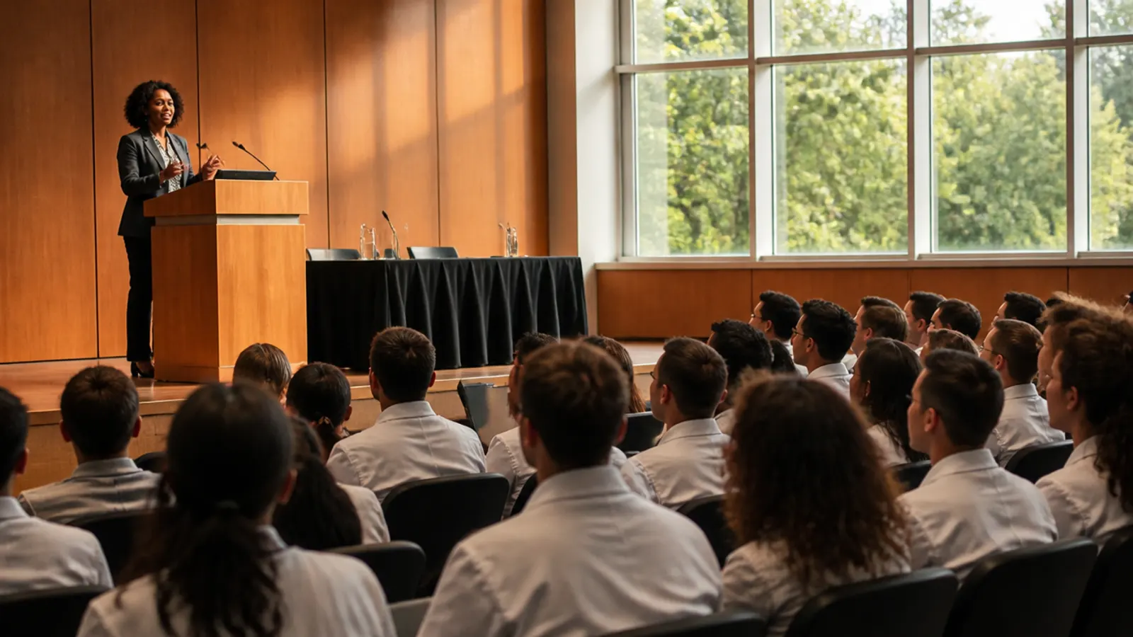 Conferencia académica con estudiantes de ciencias de la salud en un auditorio